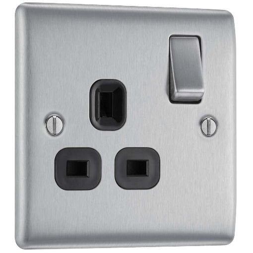 Picture of BG Nexus Metal Brushed Steel, 13A Single Switched Socket, Black Inserts