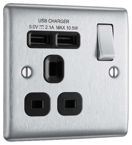 Picture of BG Nexus Brushed Steel 13A Sp 1 Gang Switched Socket & 2 x USB (2.1A) Black Insert