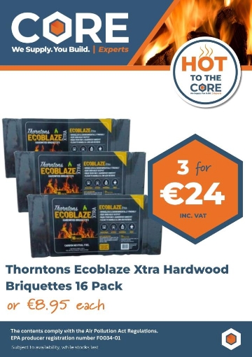 Picture of Thorntons Ecoblaze Xtra Hardwood Briquettes 16 Pack (3 for €24)
EPA Registration No. F0051-01
